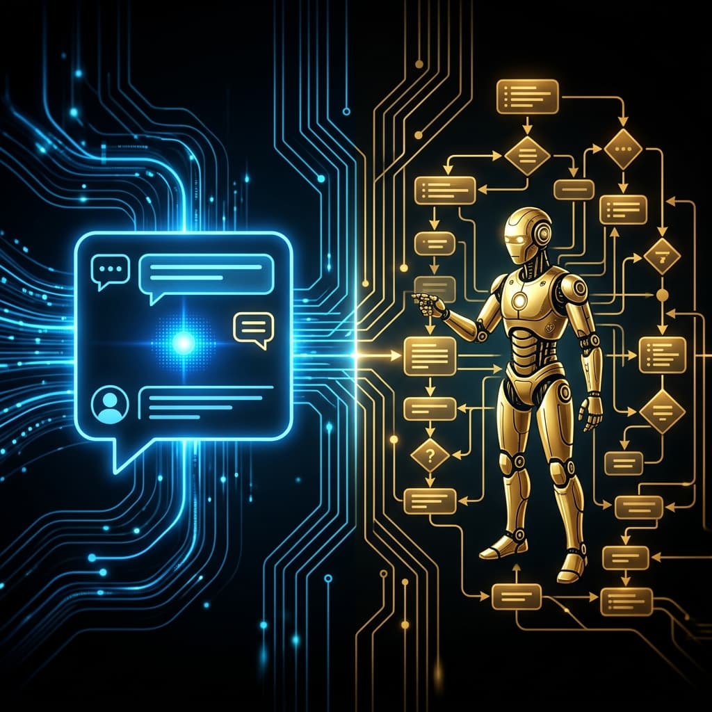 AI Agents vs AI Chatbots — split-screen comparison visualization